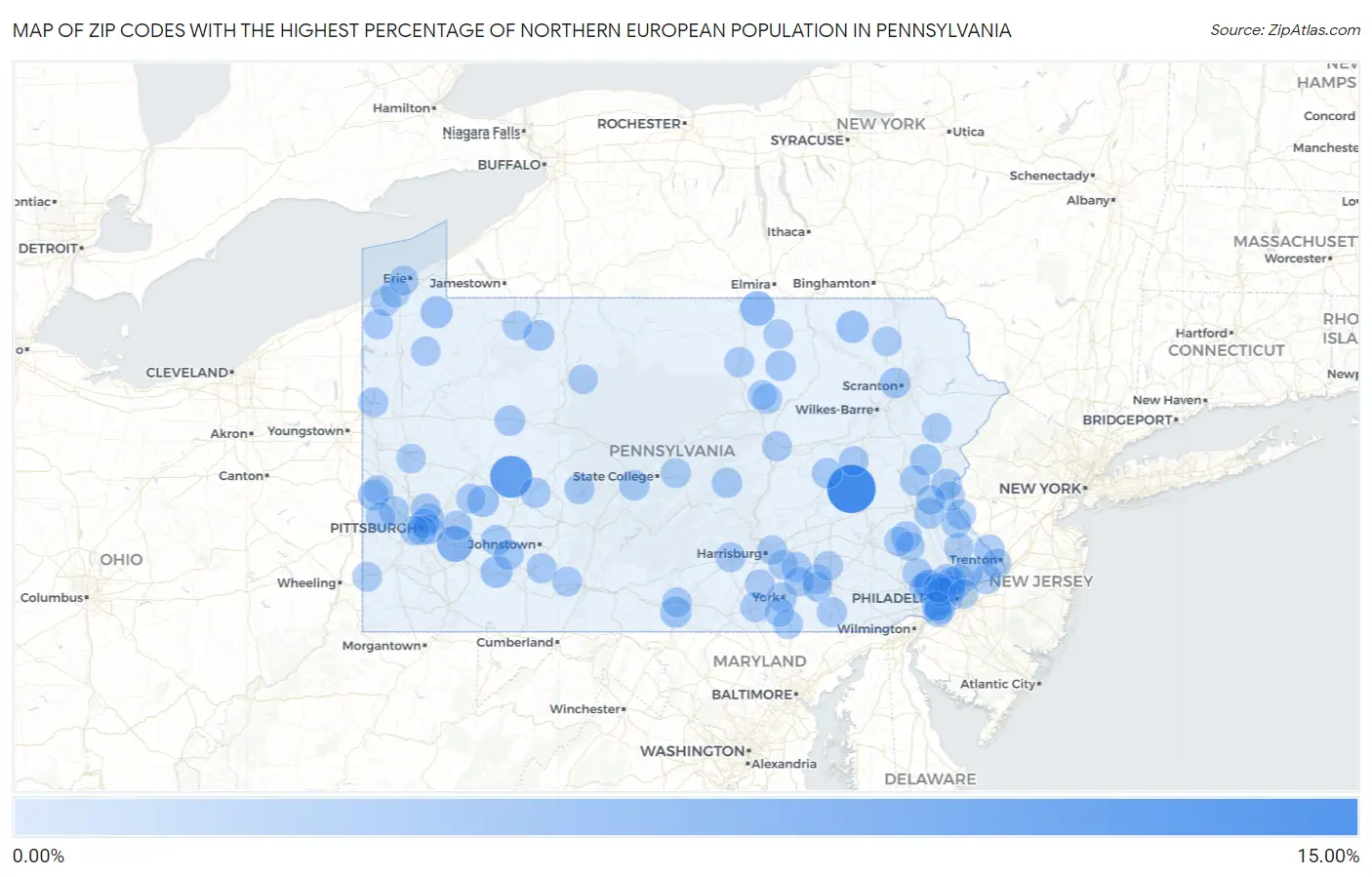 Zip Codes with the Highest Percentage of Northern European Population in Pennsylvania Map