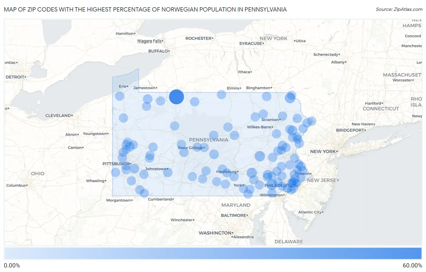 Zip Codes with the Highest Percentage of Norwegian Population in Pennsylvania Map