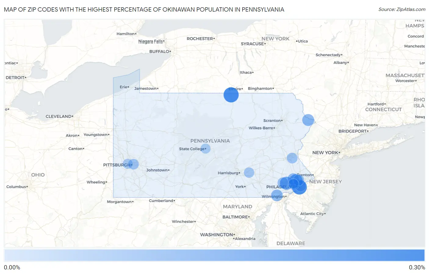Zip Codes with the Highest Percentage of Okinawan Population in Pennsylvania Map