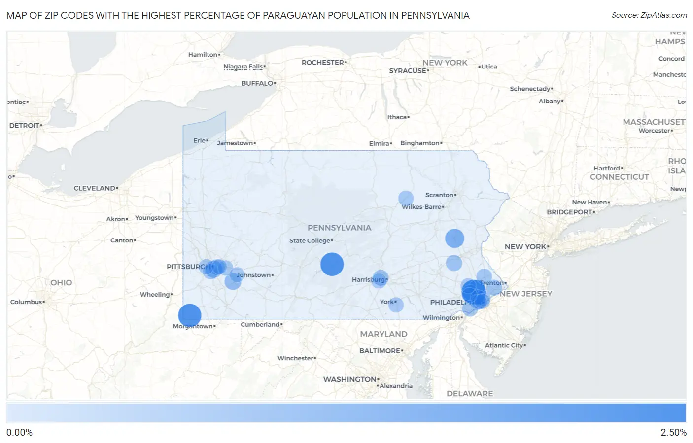 Zip Codes with the Highest Percentage of Paraguayan Population in Pennsylvania Map