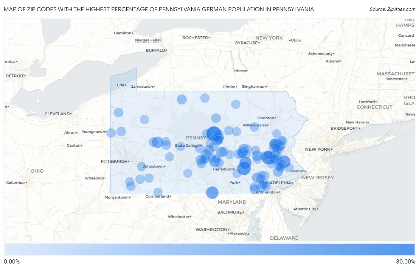 Zip Codes with the Highest Percentage of Pennsylvania German Population in Pennsylvania Map