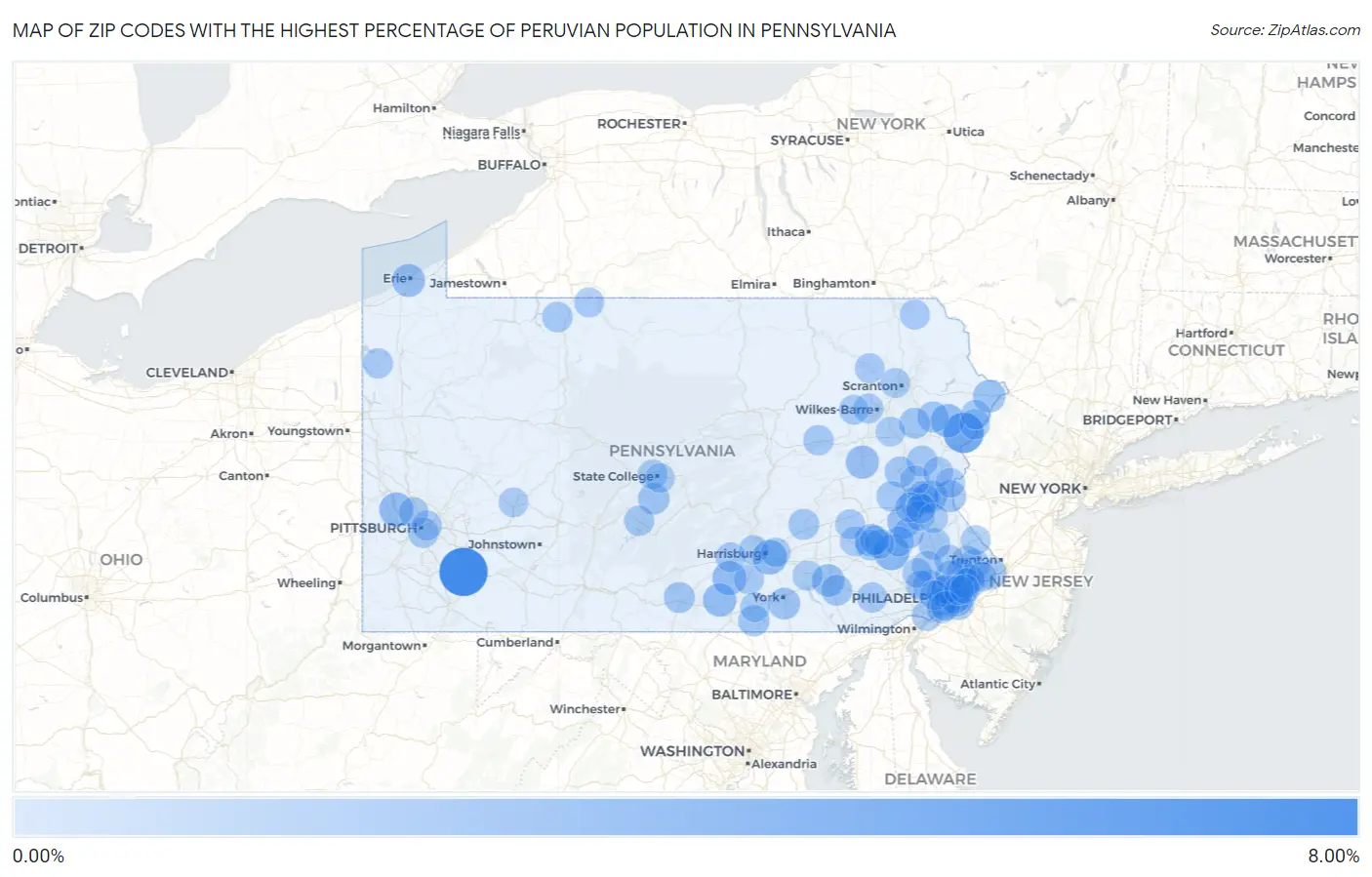 Zip Codes with the Highest Percentage of Peruvian Population in Pennsylvania Map