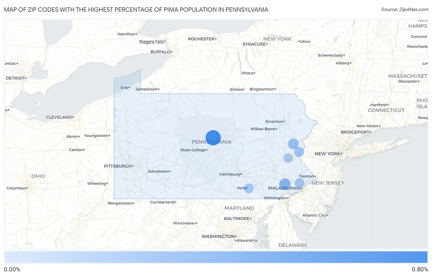 Zip Codes with the Highest Percentage of Pima Population in Pennsylvania Map