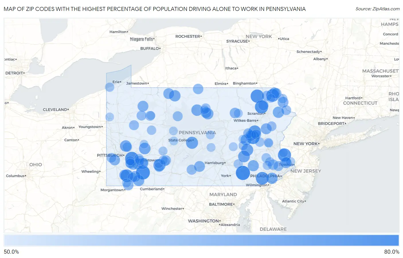 Zip Codes with the Highest Percentage of Population Driving Alone to Work in Pennsylvania Map