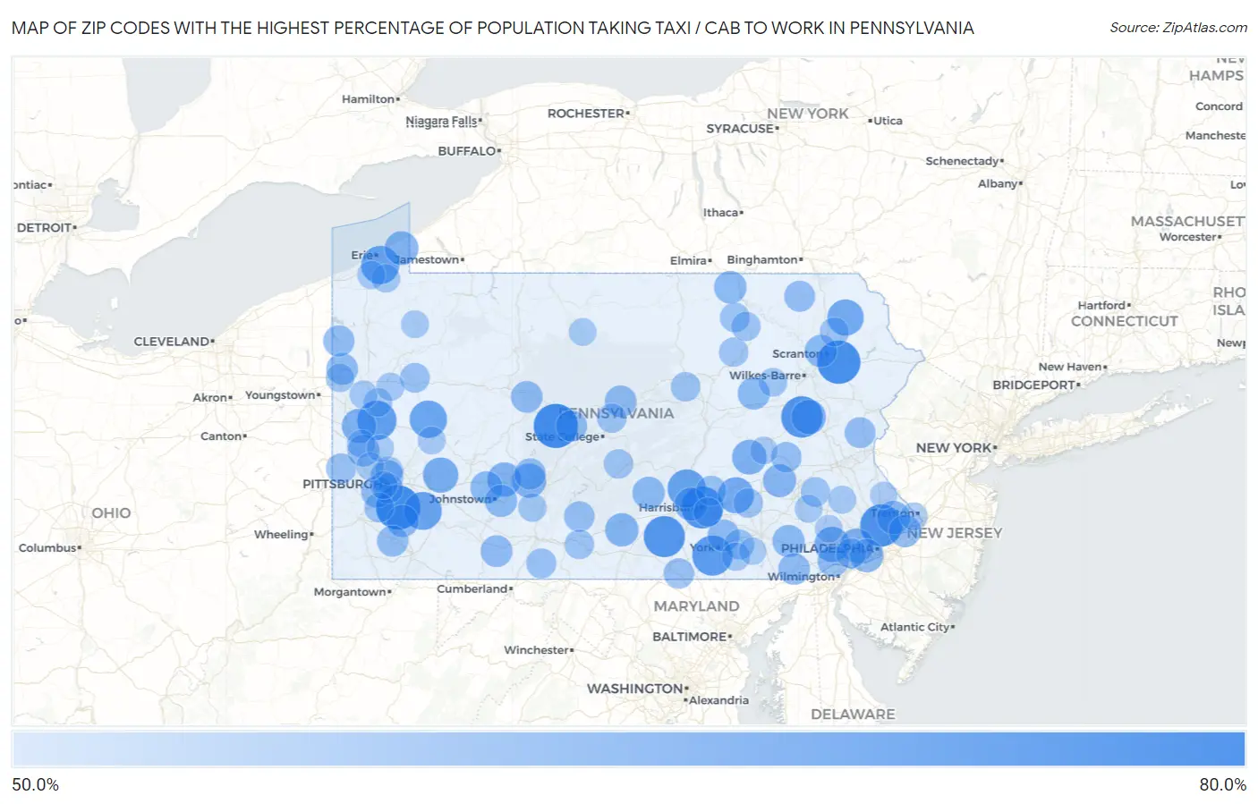 Zip Codes with the Highest Percentage of Population Taking Taxi / Cab to Work in Pennsylvania Map