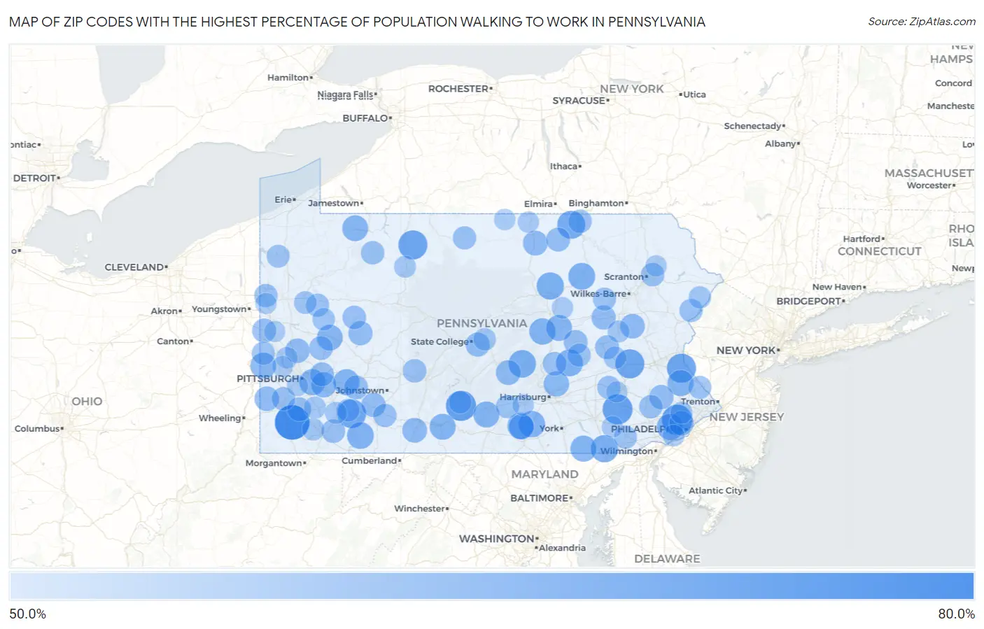 Zip Codes with the Highest Percentage of Population Walking to Work in Pennsylvania Map