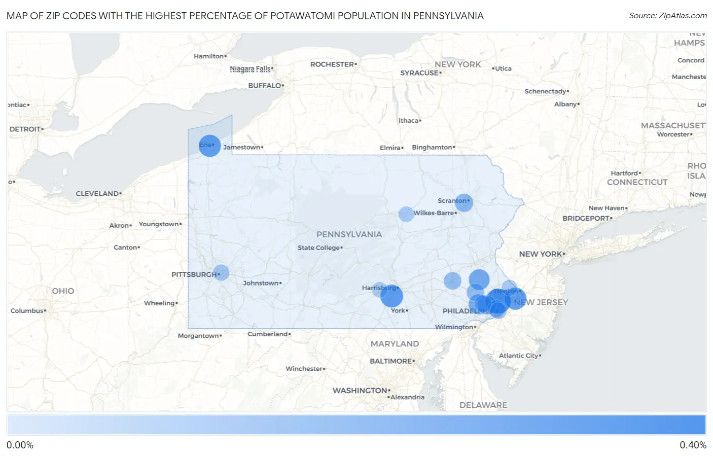 Zip Codes with the Highest Percentage of Potawatomi Population in Pennsylvania Map