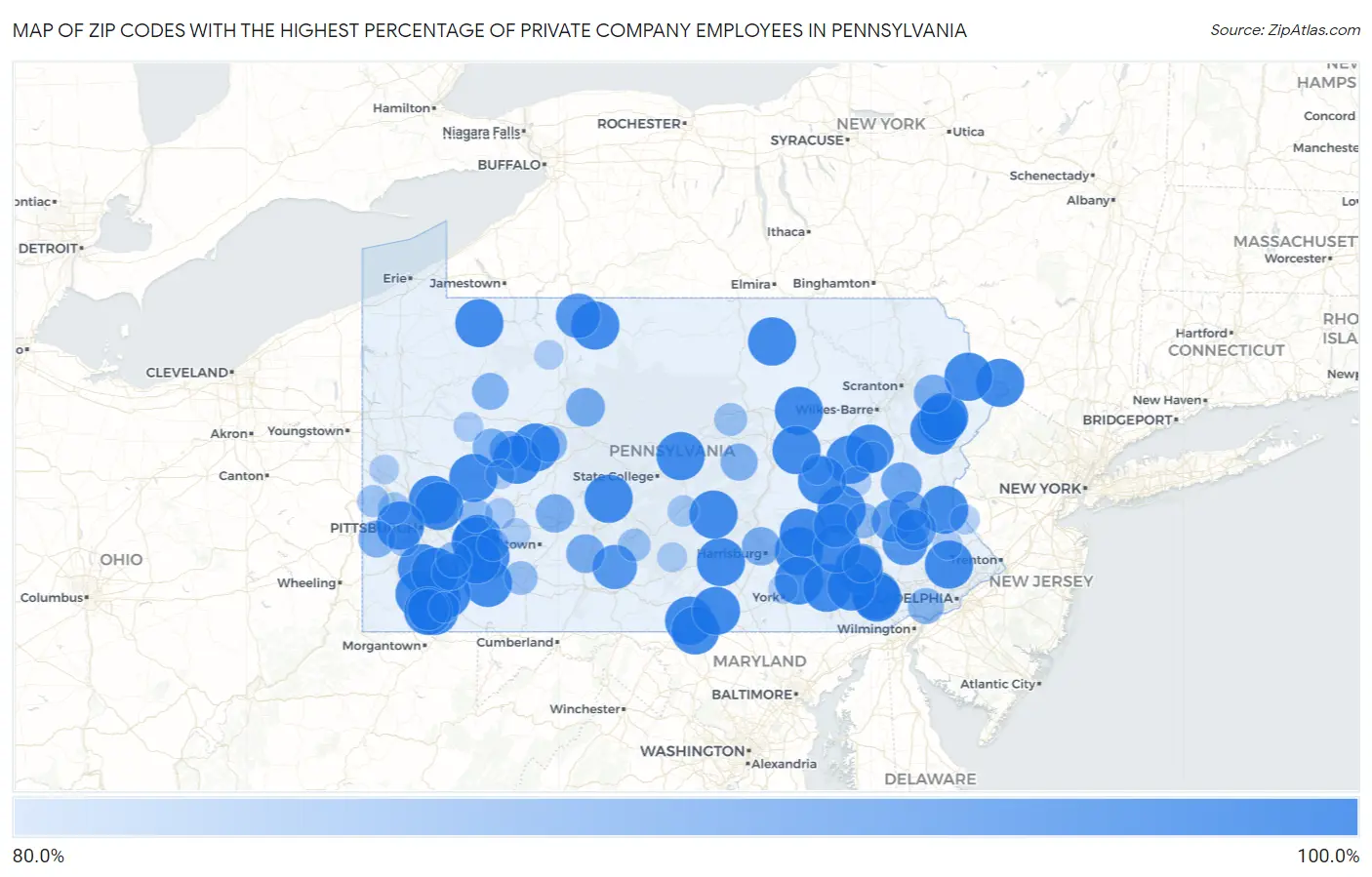 Zip Codes with the Highest Percentage of Private Company Employees in Pennsylvania Map