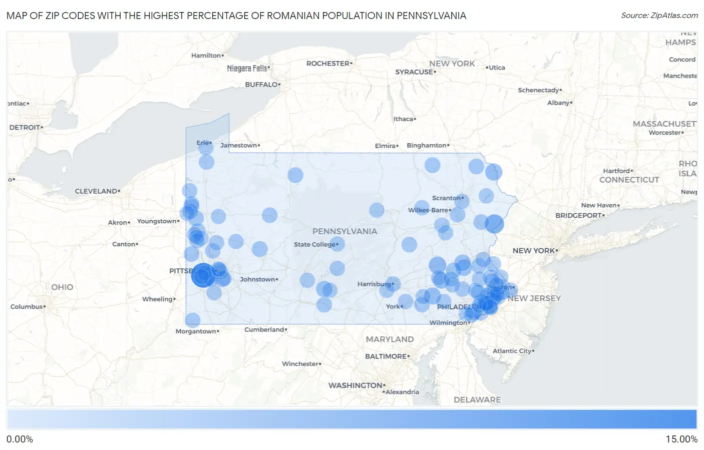 Zip Codes with the Highest Percentage of Romanian Population in Pennsylvania Map