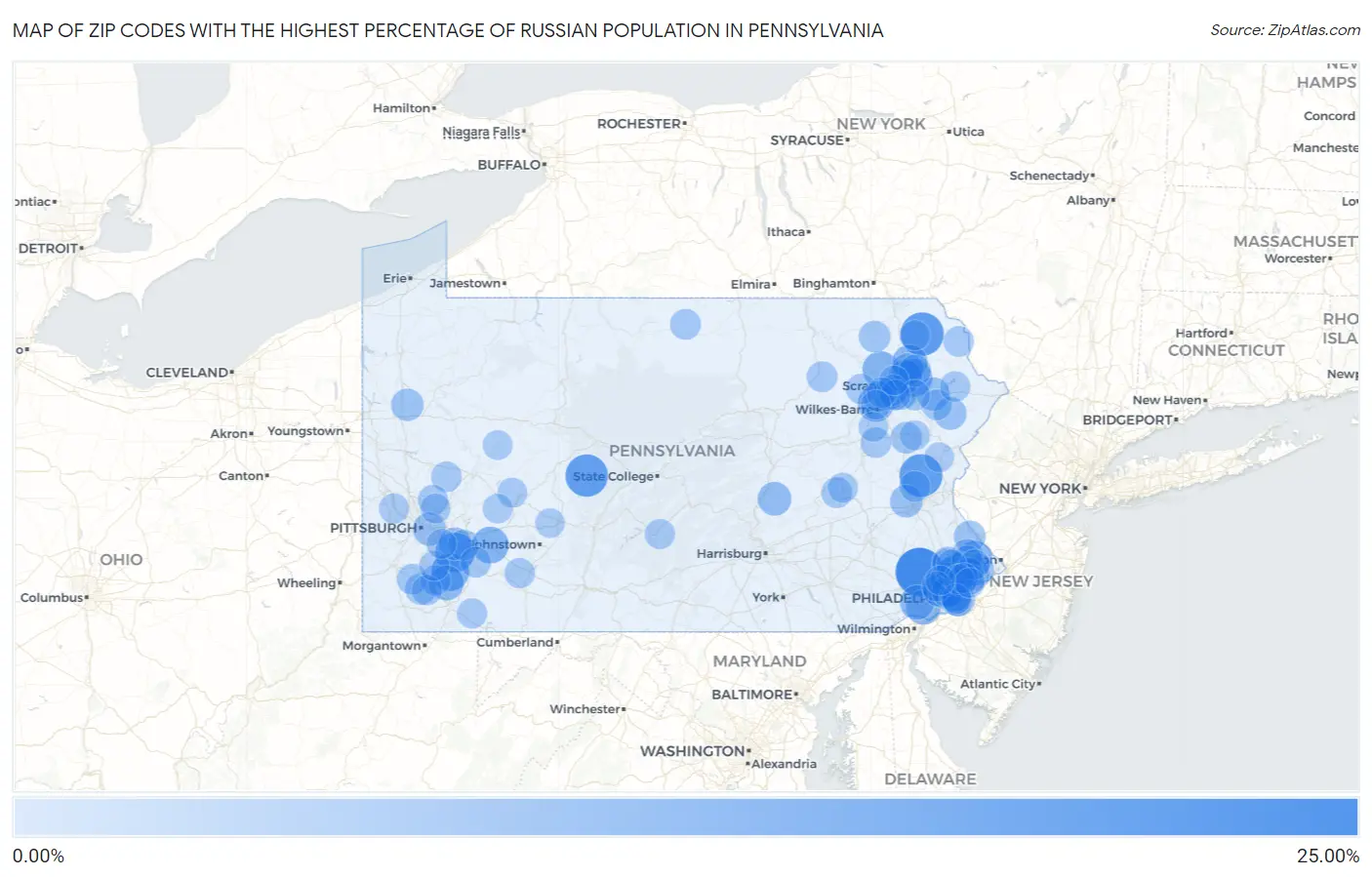 Zip Codes with the Highest Percentage of Russian Population in Pennsylvania Map