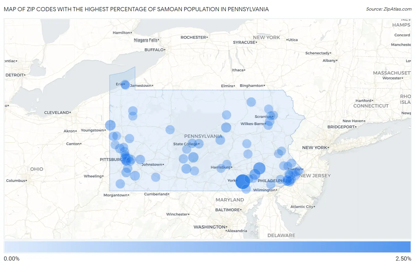 Zip Codes with the Highest Percentage of Samoan Population in Pennsylvania Map