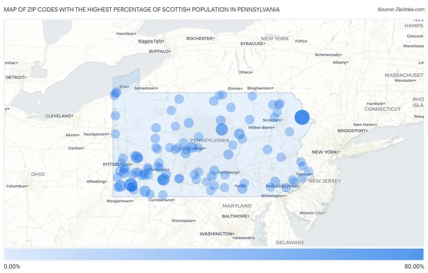 Zip Codes with the Highest Percentage of Scottish Population in Pennsylvania Map