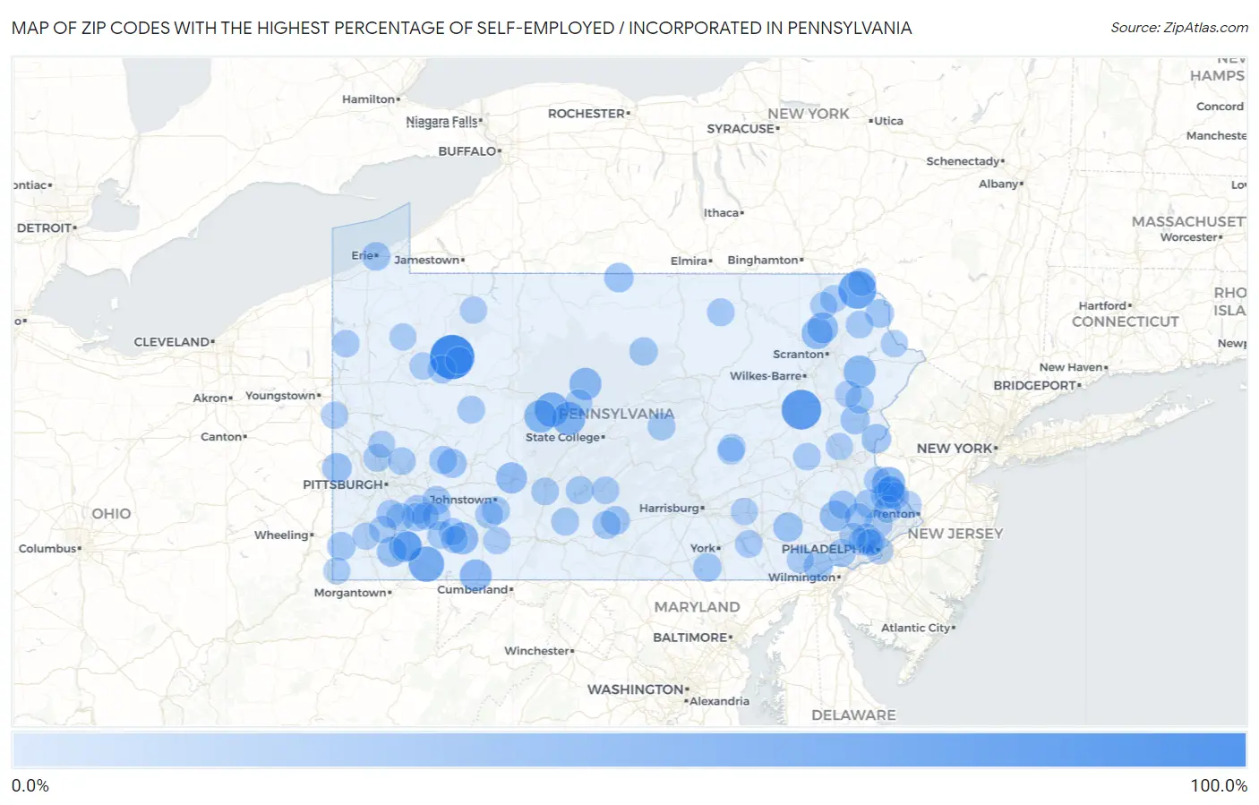 Zip Codes with the Highest Percentage of Self-Employed / Incorporated in Pennsylvania Map