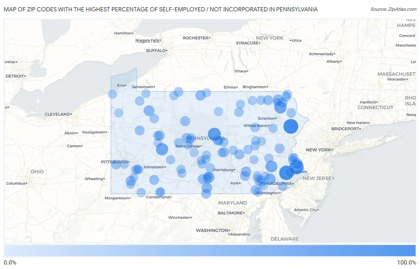Zip Codes with the Highest Percentage of Self-Employed / Not Incorporated in Pennsylvania Map