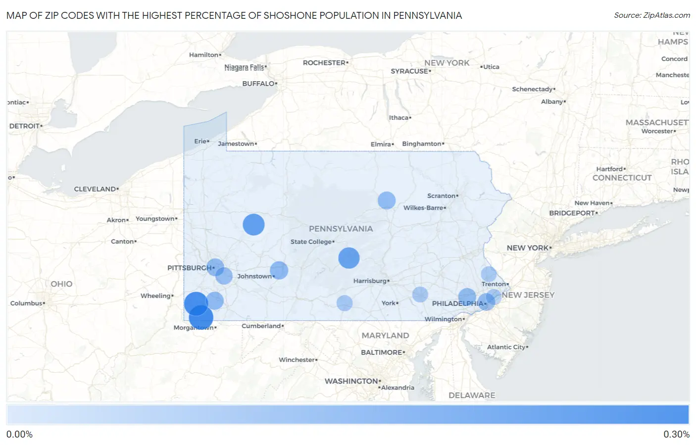 Zip Codes with the Highest Percentage of Shoshone Population in Pennsylvania Map