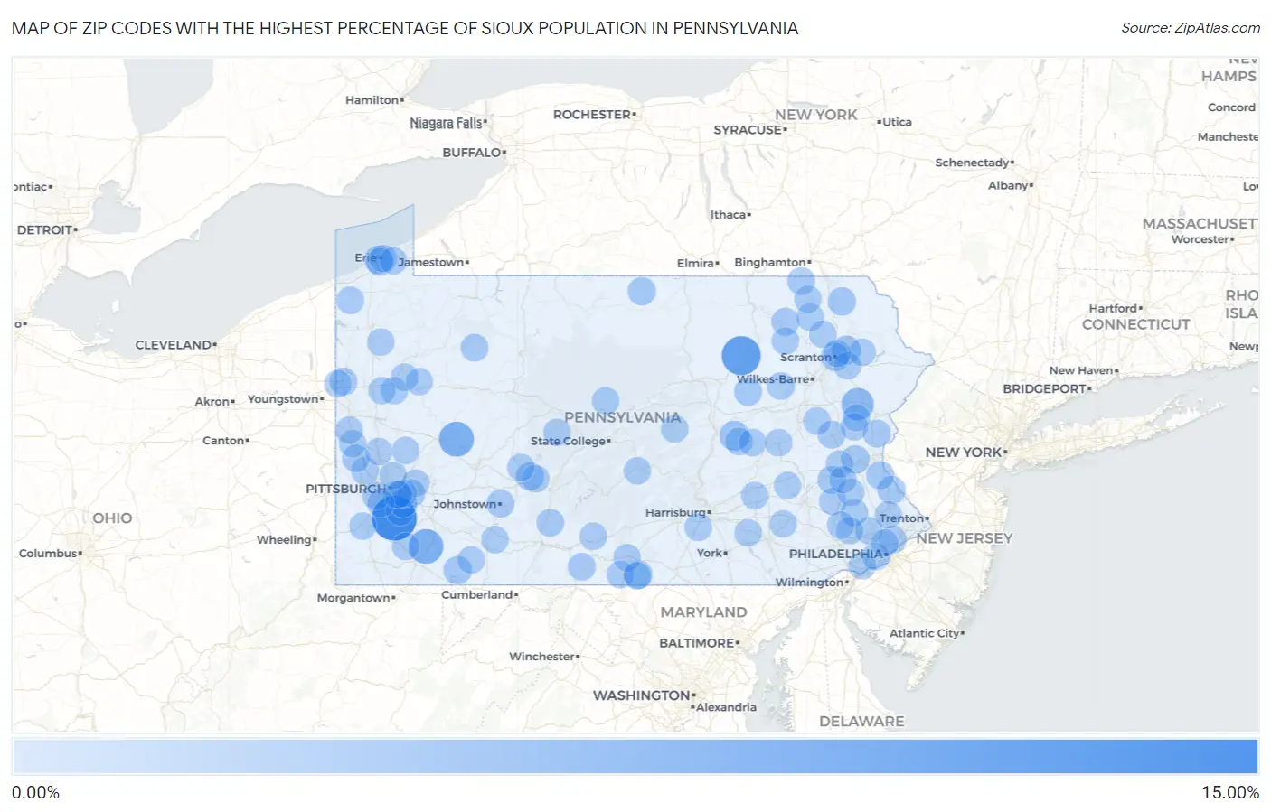 Zip Codes with the Highest Percentage of Sioux Population in Pennsylvania Map