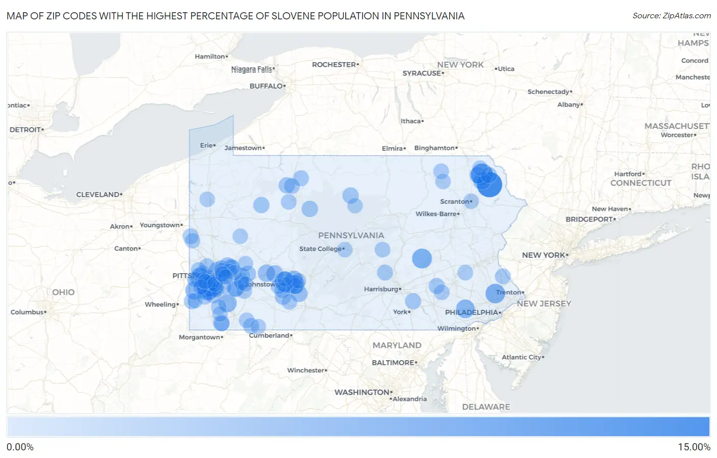 Zip Codes with the Highest Percentage of Slovene Population in Pennsylvania Map