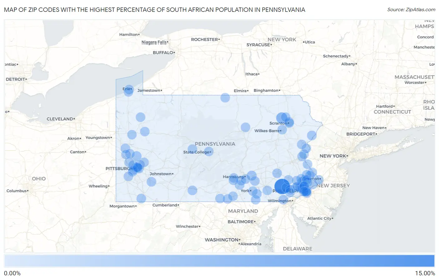 Zip Codes with the Highest Percentage of South African Population in Pennsylvania Map
