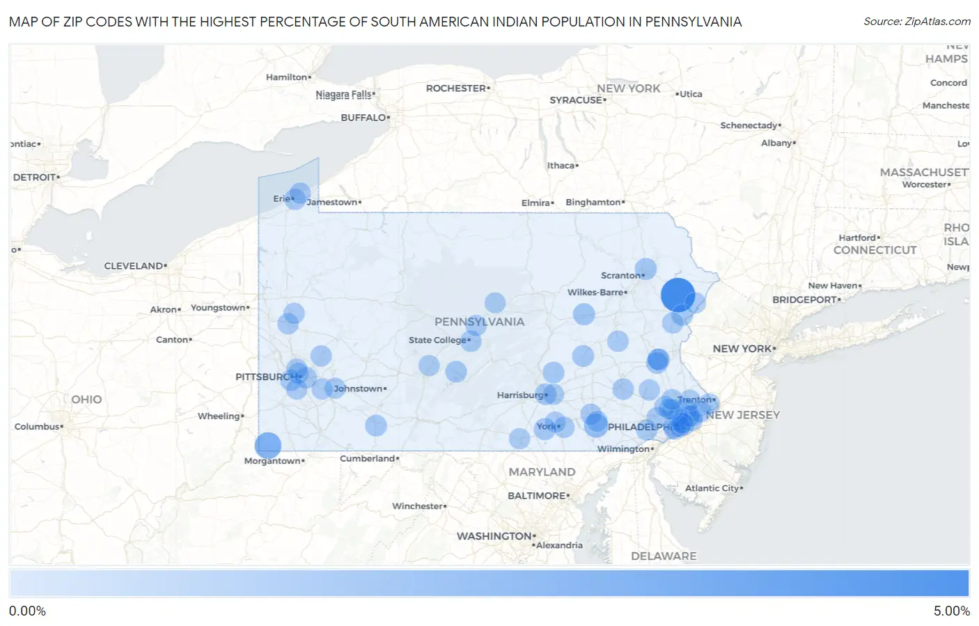 Zip Codes with the Highest Percentage of South American Indian Population in Pennsylvania Map