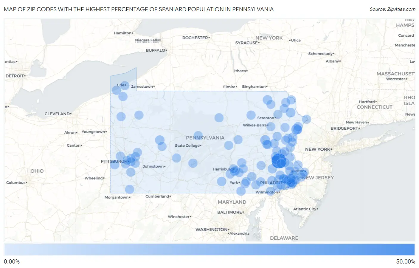 Zip Codes with the Highest Percentage of Spaniard Population in Pennsylvania Map