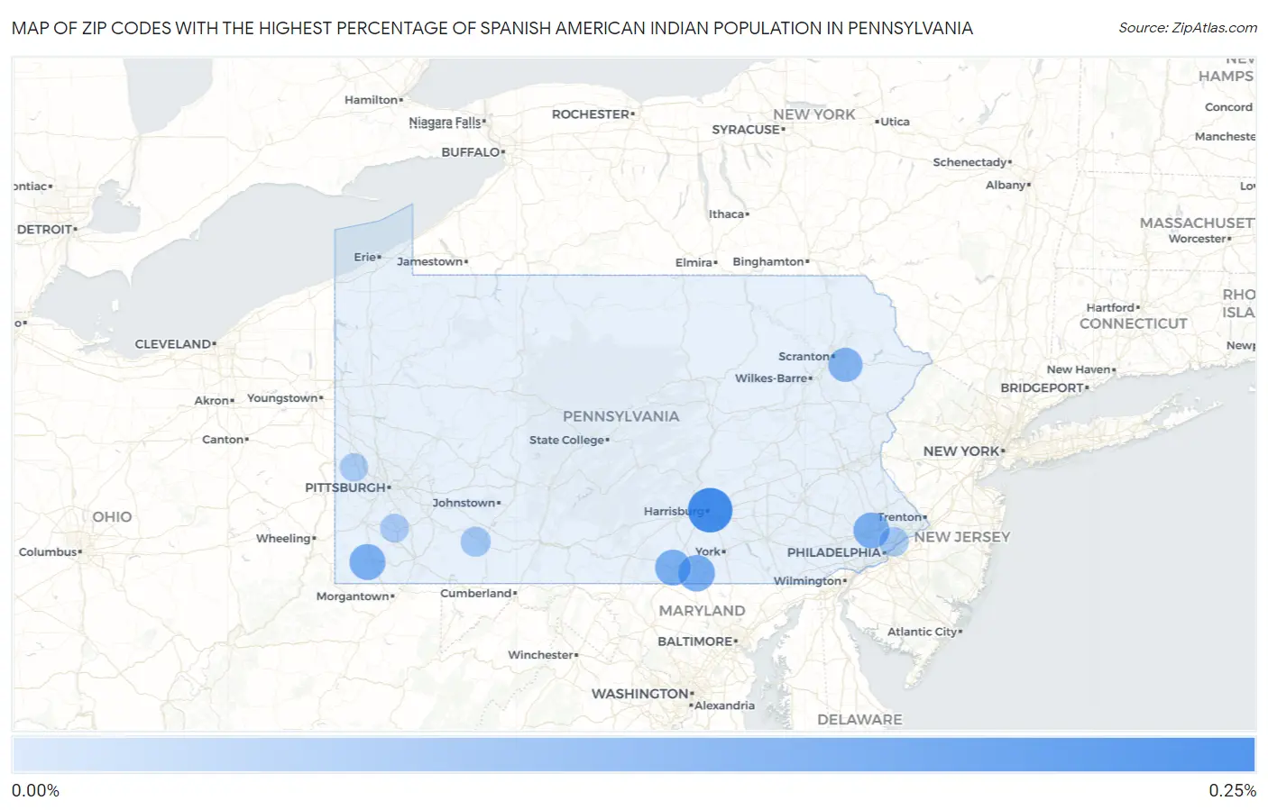 Zip Codes with the Highest Percentage of Spanish American Indian Population in Pennsylvania Map