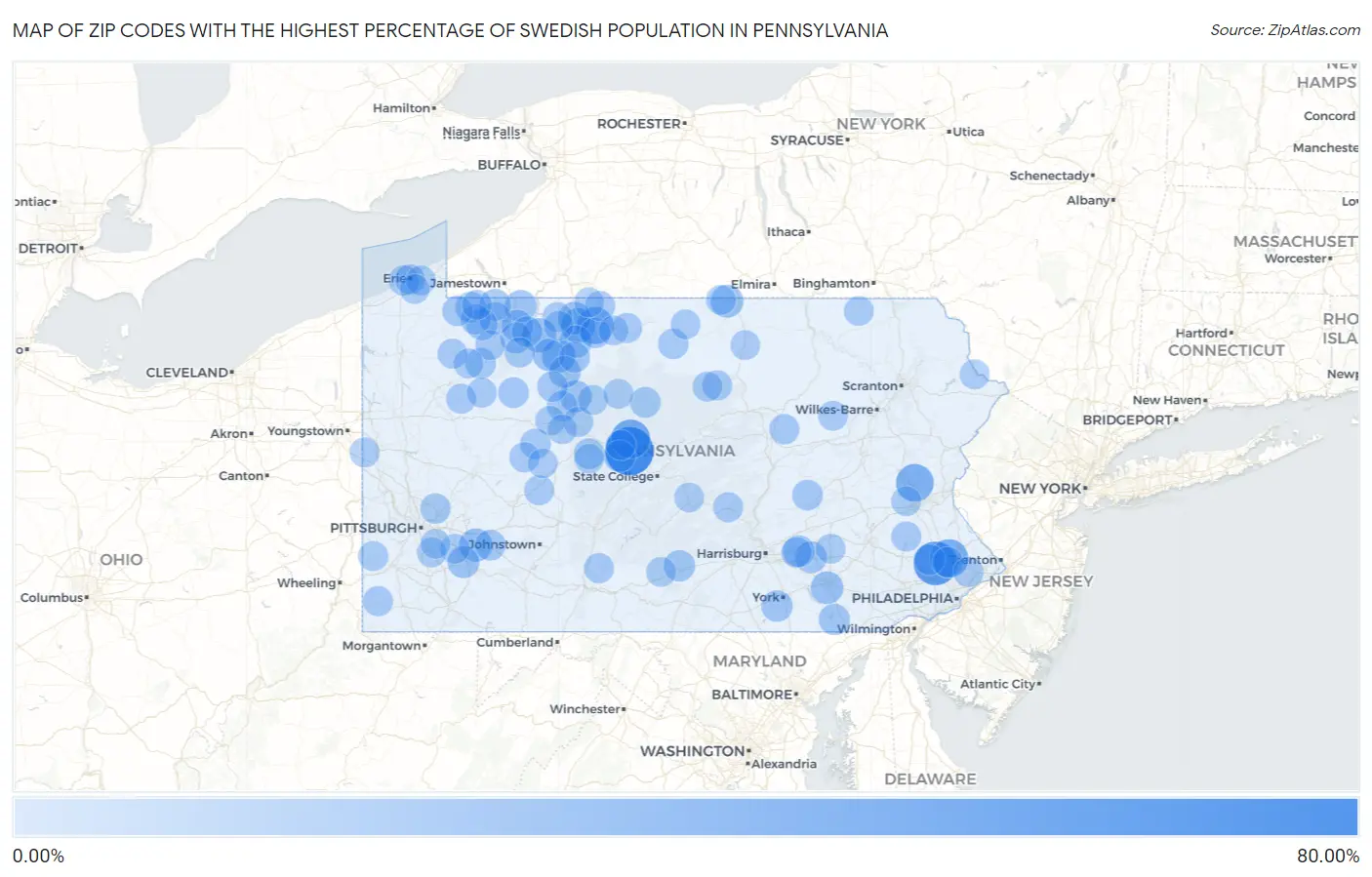 Zip Codes with the Highest Percentage of Swedish Population in Pennsylvania Map
