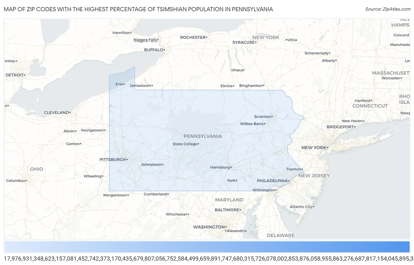 Zip Codes with the Highest Percentage of Tsimshian Population in Pennsylvania Map