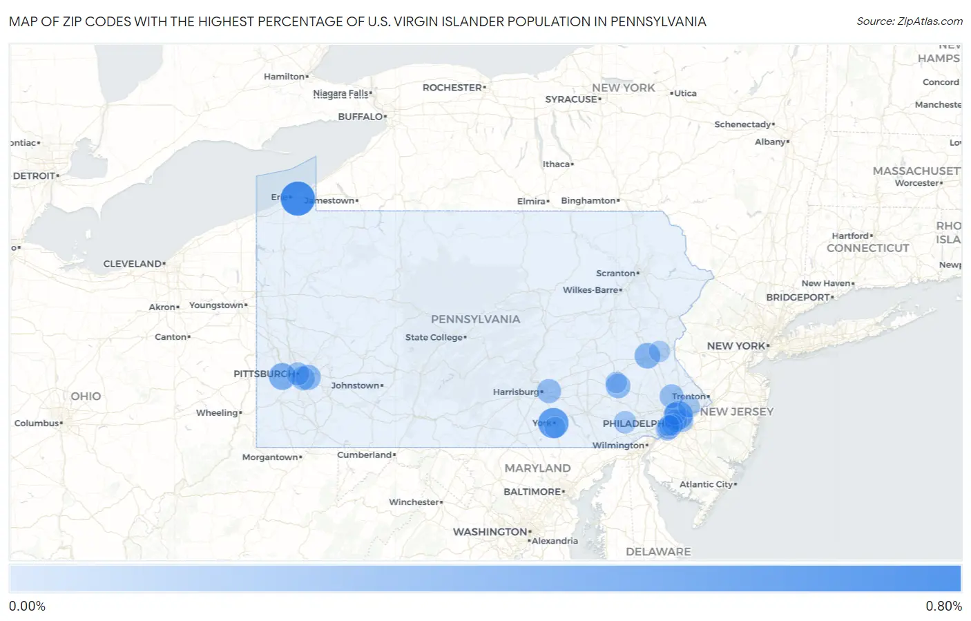 Zip Codes with the Highest Percentage of U.S. Virgin Islander Population in Pennsylvania Map
