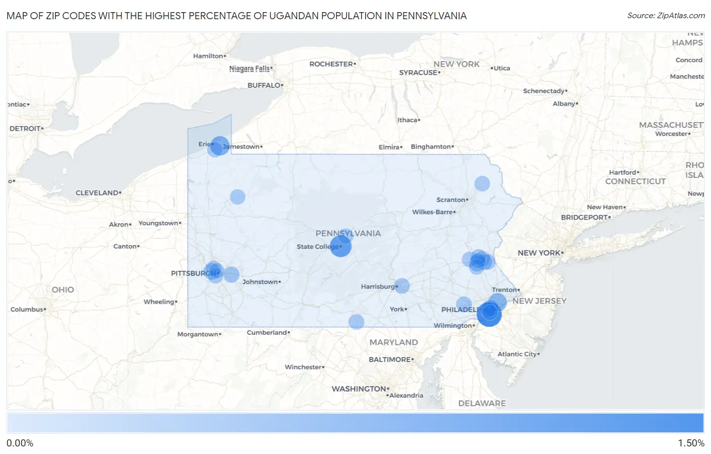 Zip Codes with the Highest Percentage of Ugandan Population in Pennsylvania Map