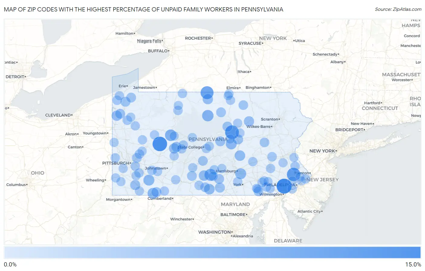 Zip Codes with the Highest Percentage of Unpaid Family Workers in Pennsylvania Map