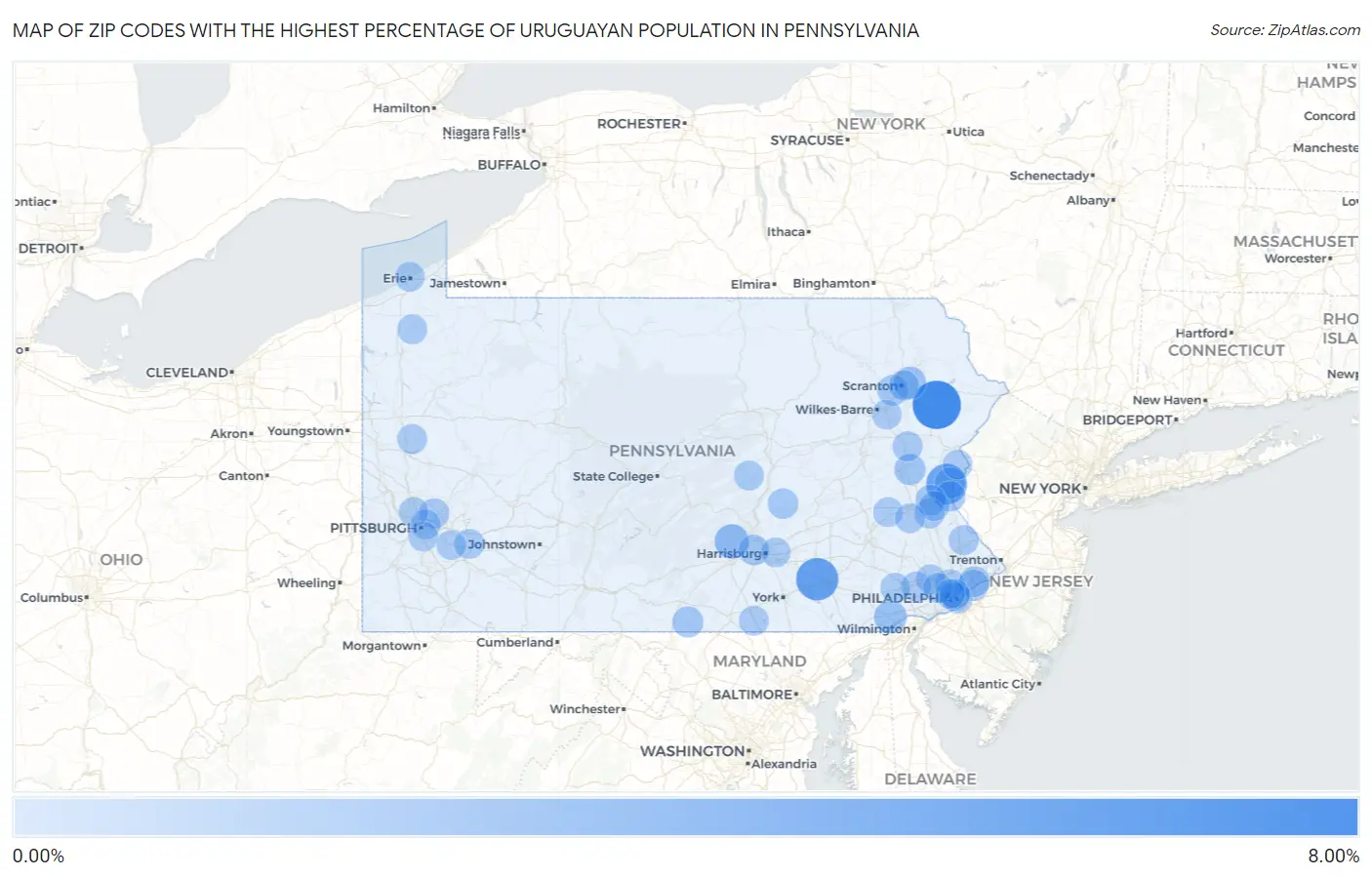 Zip Codes with the Highest Percentage of Uruguayan Population in Pennsylvania Map