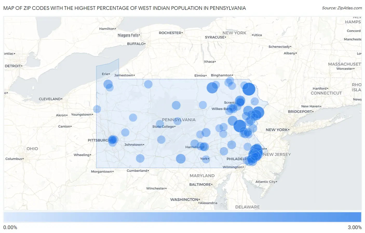 Zip Codes with the Highest Percentage of West Indian Population in Pennsylvania Map