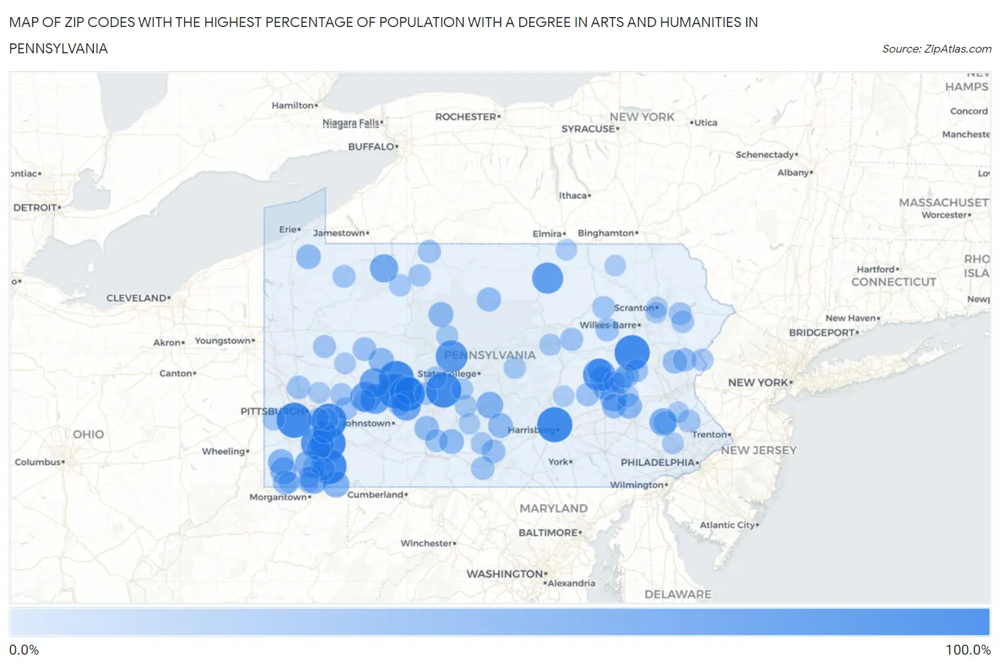 Zip Codes with the Highest Percentage of Population with a Degree in Arts and Humanities in Pennsylvania Map