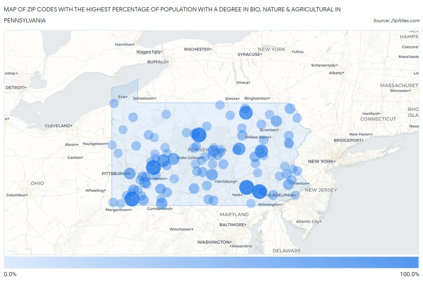 Zip Codes with the Highest Percentage of Population with a Degree in Bio, Nature & Agricultural in Pennsylvania Map