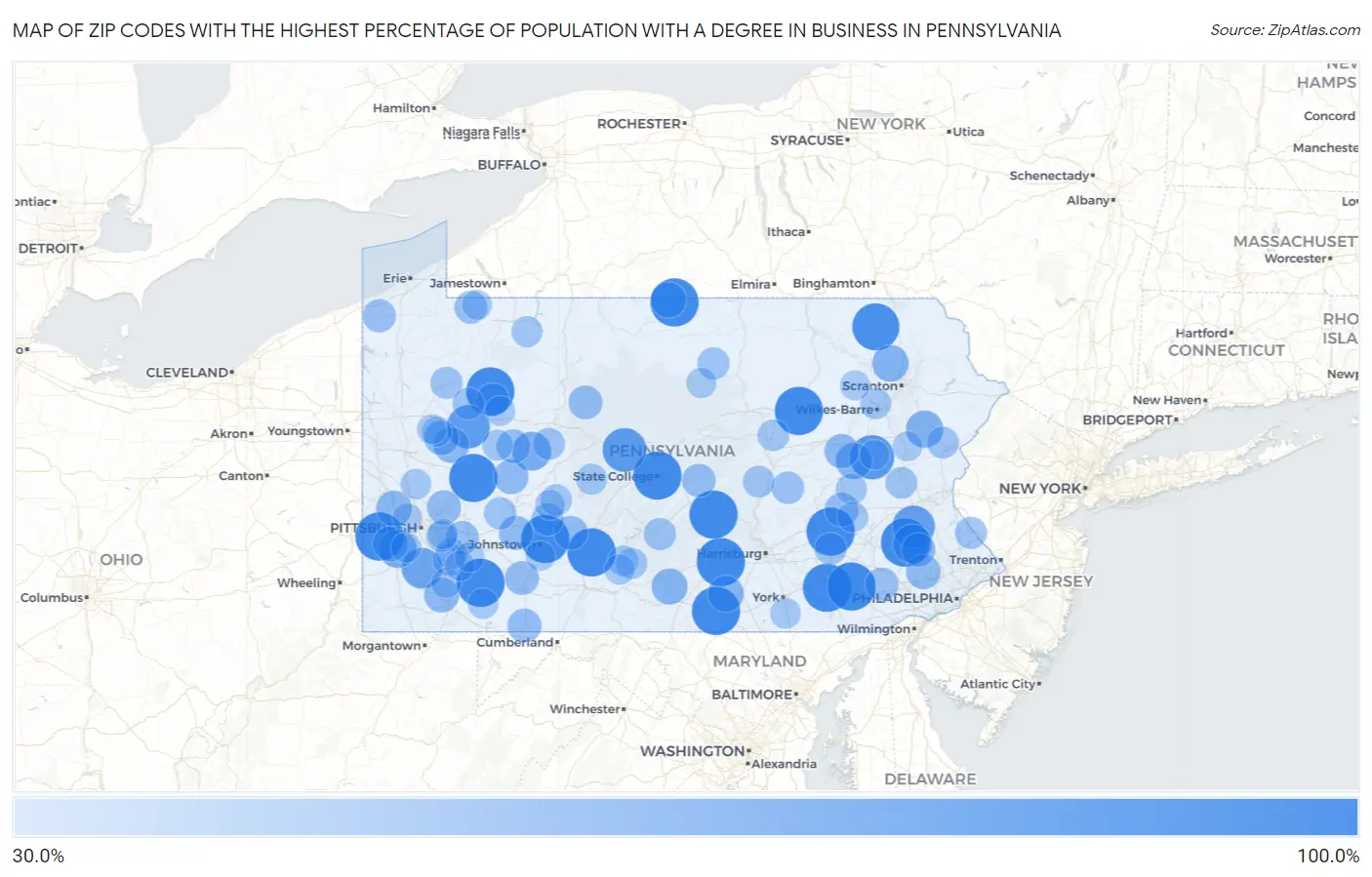 Zip Codes with the Highest Percentage of Population with a Degree in Business in Pennsylvania Map