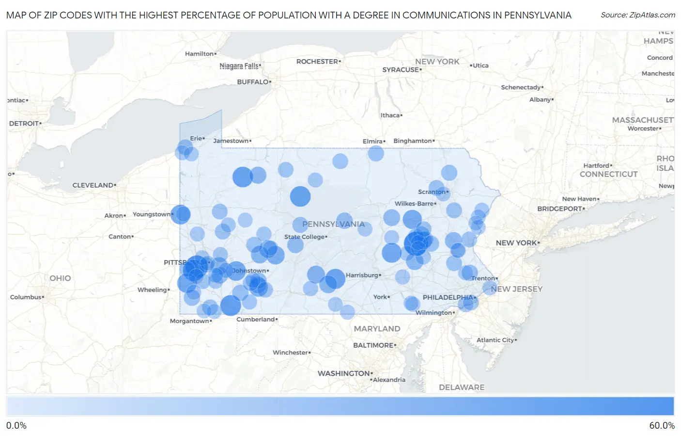 Zip Codes with the Highest Percentage of Population with a Degree in Communications in Pennsylvania Map