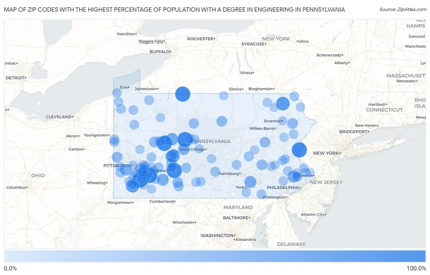 Zip Codes with the Highest Percentage of Population with a Degree in Engineering in Pennsylvania Map