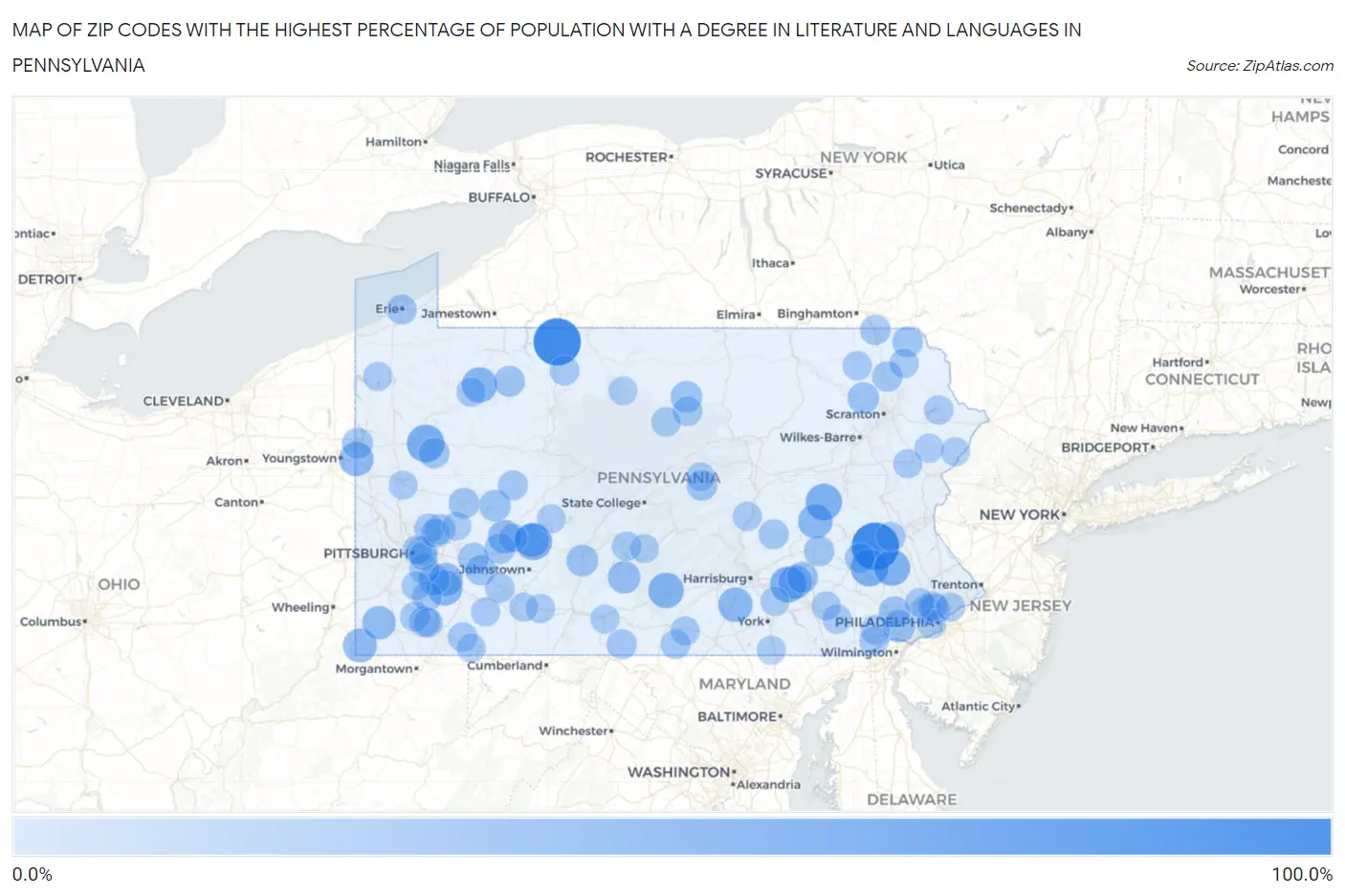 Zip Codes with the Highest Percentage of Population with a Degree in Literature and Languages in Pennsylvania Map