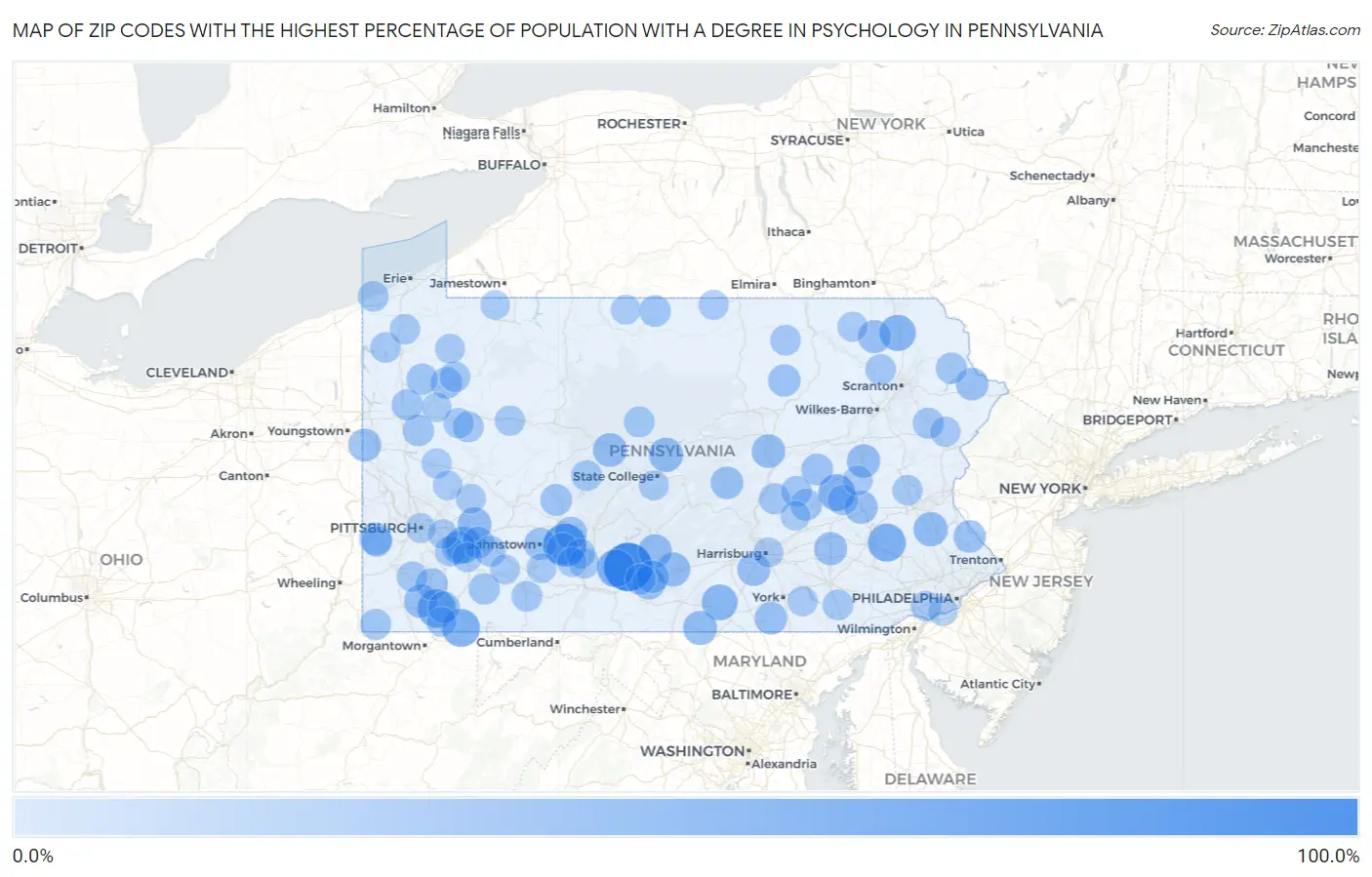 Zip Codes with the Highest Percentage of Population with a Degree in Psychology in Pennsylvania Map