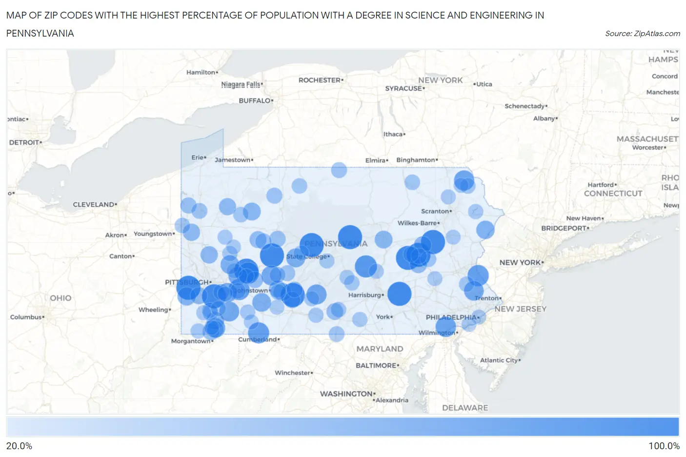 Zip Codes with the Highest Percentage of Population with a Degree in Science and Engineering in Pennsylvania Map