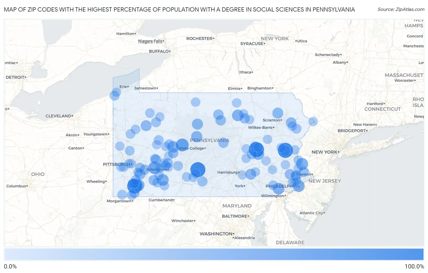 Zip Codes with the Highest Percentage of Population with a Degree in Social Sciences in Pennsylvania Map