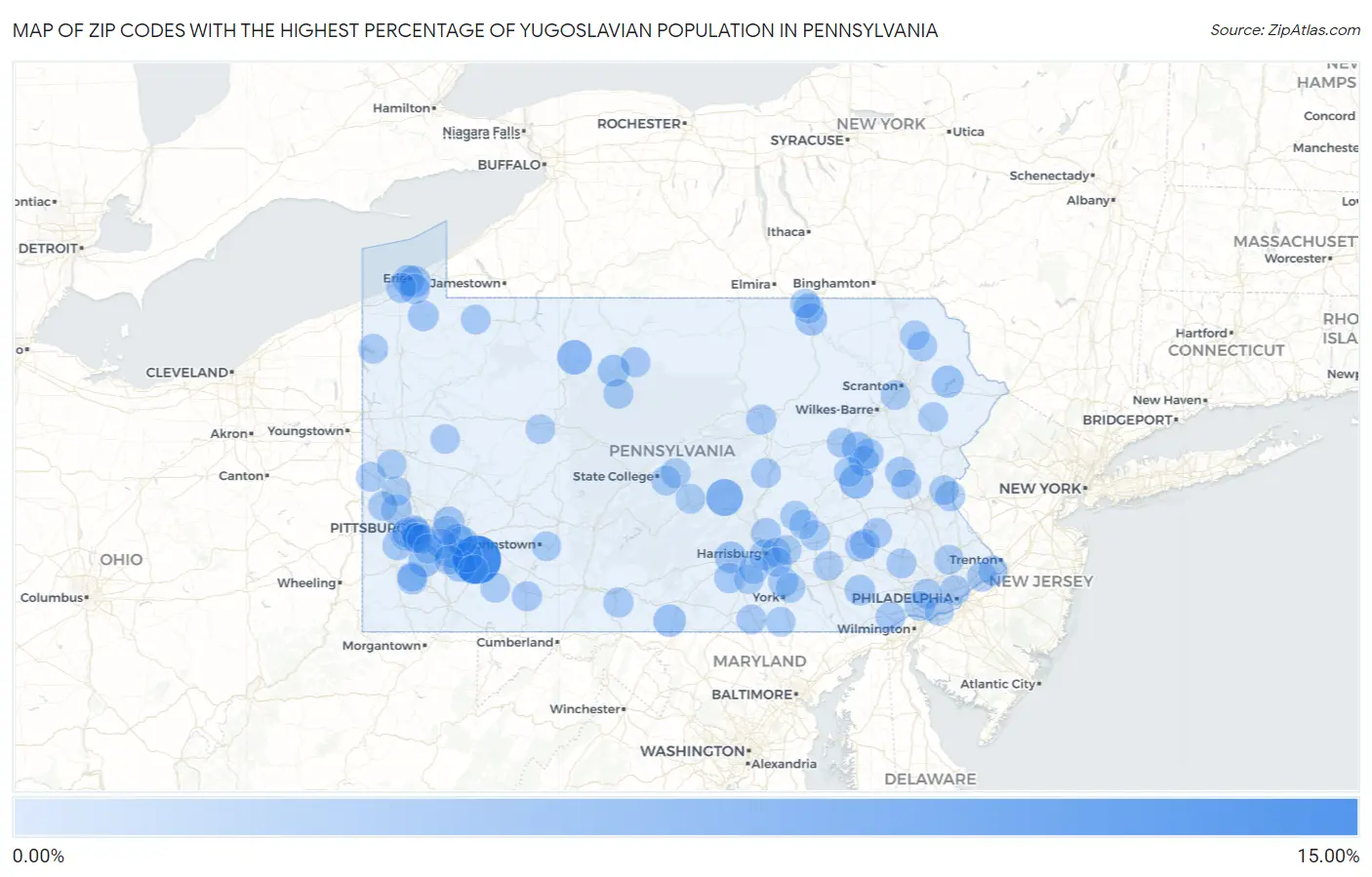 Zip Codes with the Highest Percentage of Yugoslavian Population in Pennsylvania Map