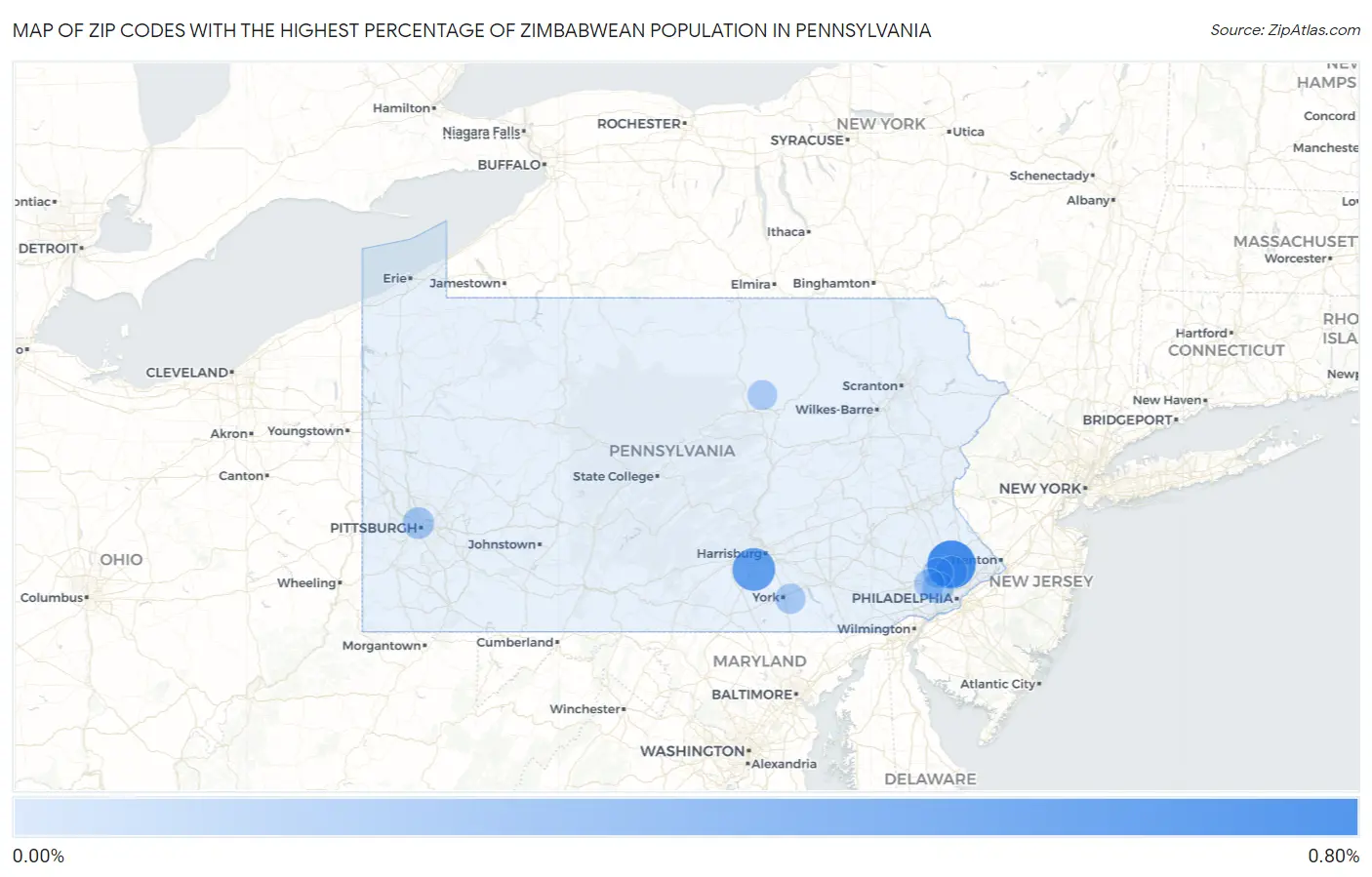 Zip Codes with the Highest Percentage of Zimbabwean Population in Pennsylvania Map