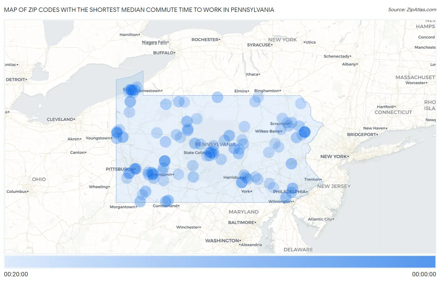 Zip Codes with the Shortest Median Commute Time to Work in Pennsylvania Map