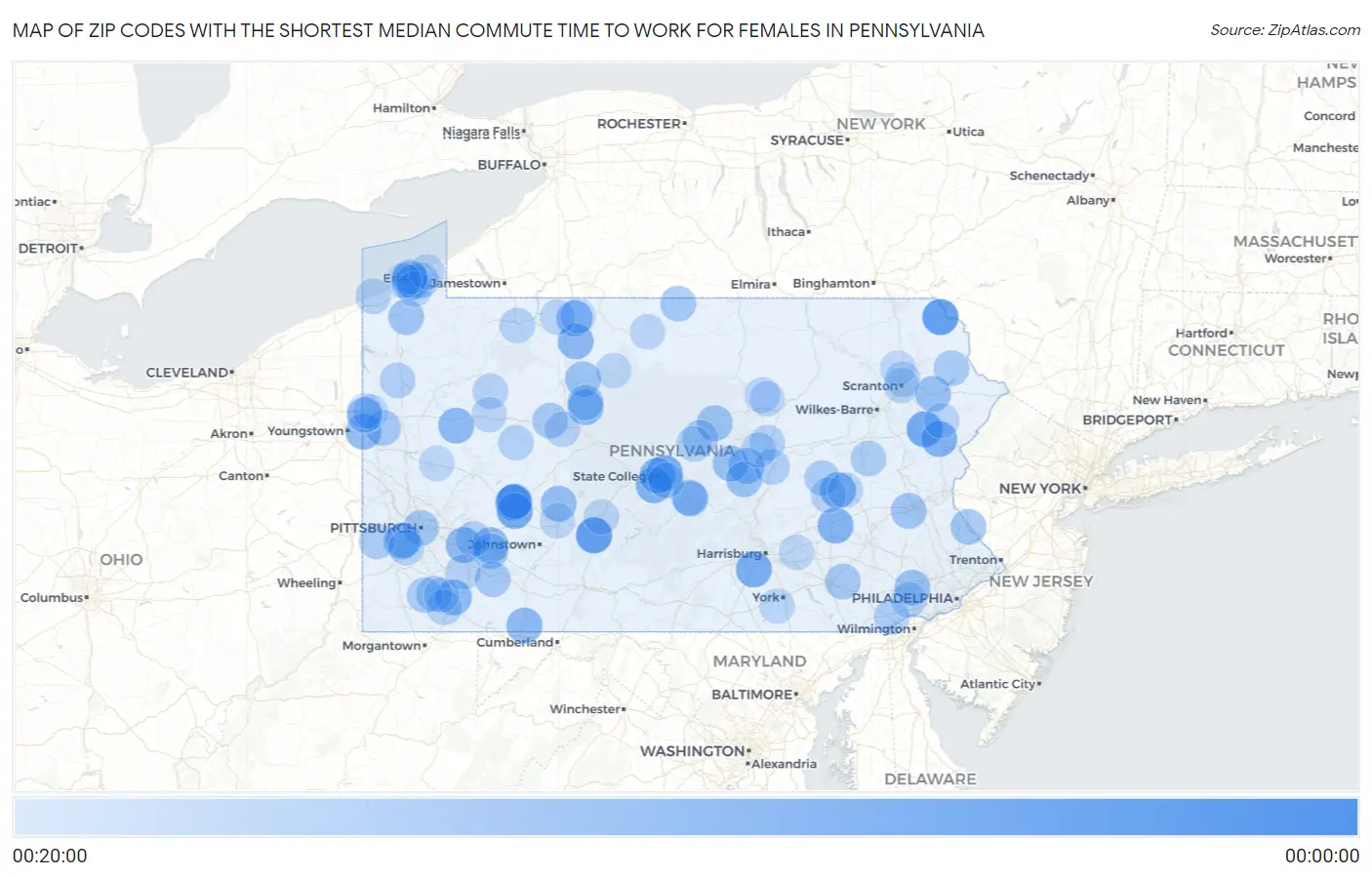 Zip Codes with the Shortest Median Commute Time to Work for Females in Pennsylvania Map