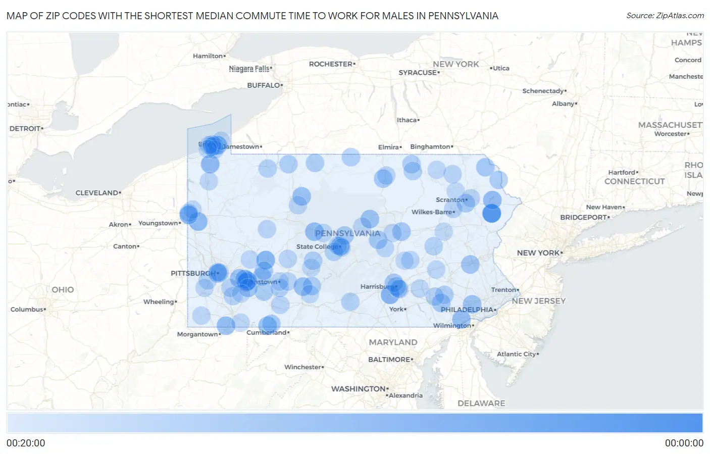 Zip Codes with the Shortest Median Commute Time to Work for Males in Pennsylvania Map
