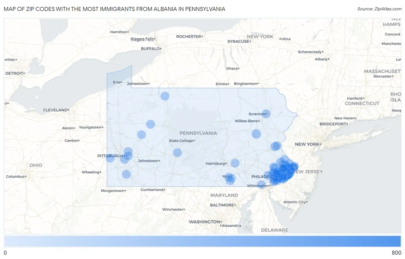 Zip Codes with the Most Immigrants from Albania in Pennsylvania Map