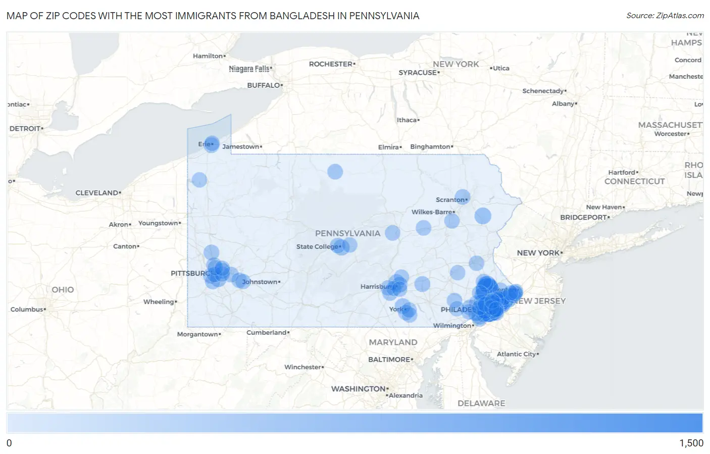 Zip Codes with the Most Immigrants from Bangladesh in Pennsylvania Map
