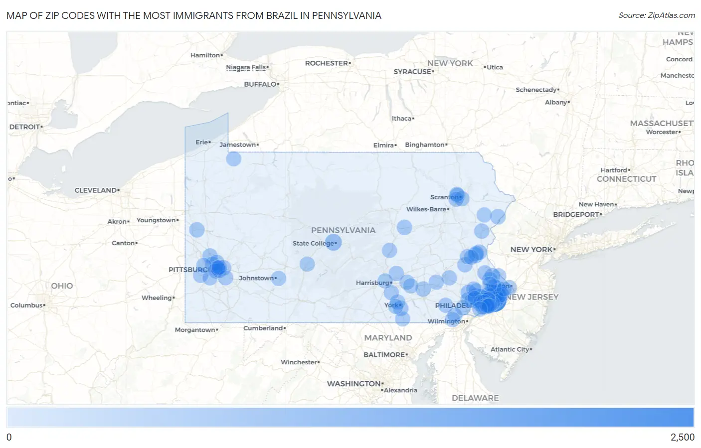 Zip Codes with the Most Immigrants from Brazil in Pennsylvania Map