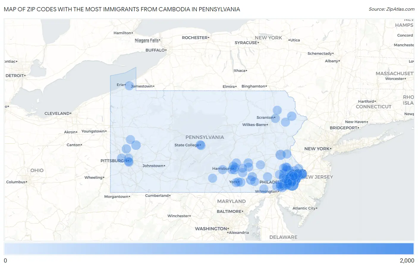 Zip Codes with the Most Immigrants from Cambodia in Pennsylvania Map